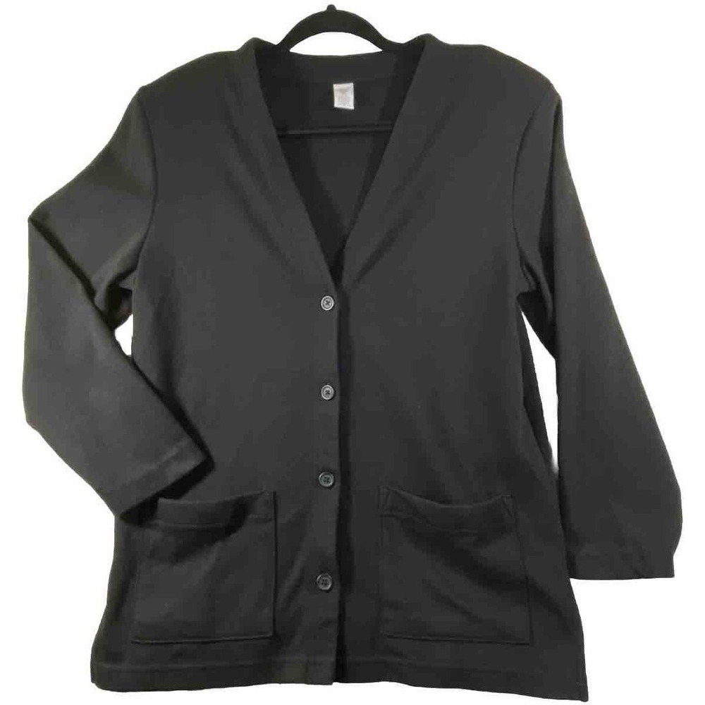 Vintage Lands End V Neck Cardigan Women's 10-12 Pet. Black Cotton Artsy Pockets